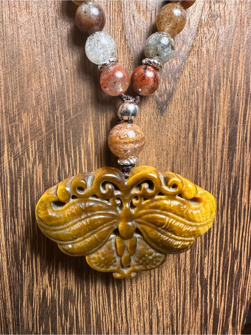 Tiger’s Eye Moth Pendant Necklace on Half Beaded Brown Adjustable Rope - Picture 3 of 15